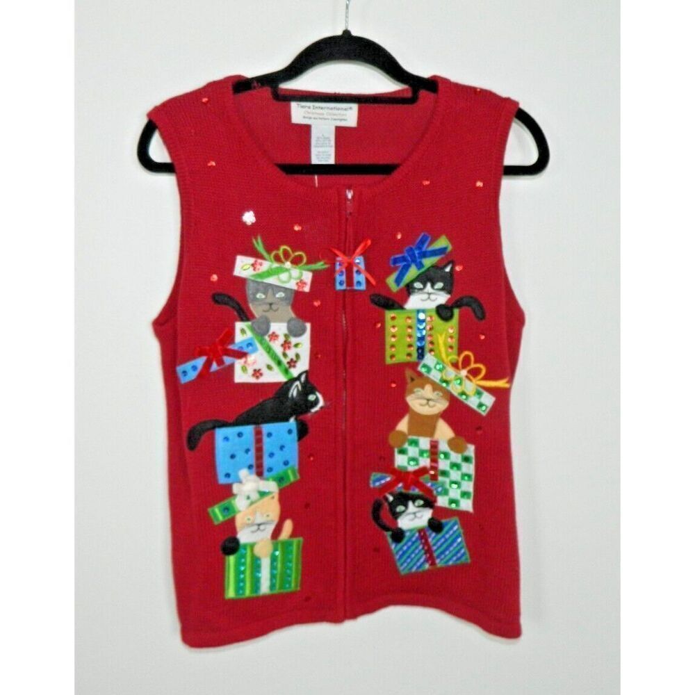 Tiara International Sweater Vest Large Red Christmas Embellished Cat Vintage